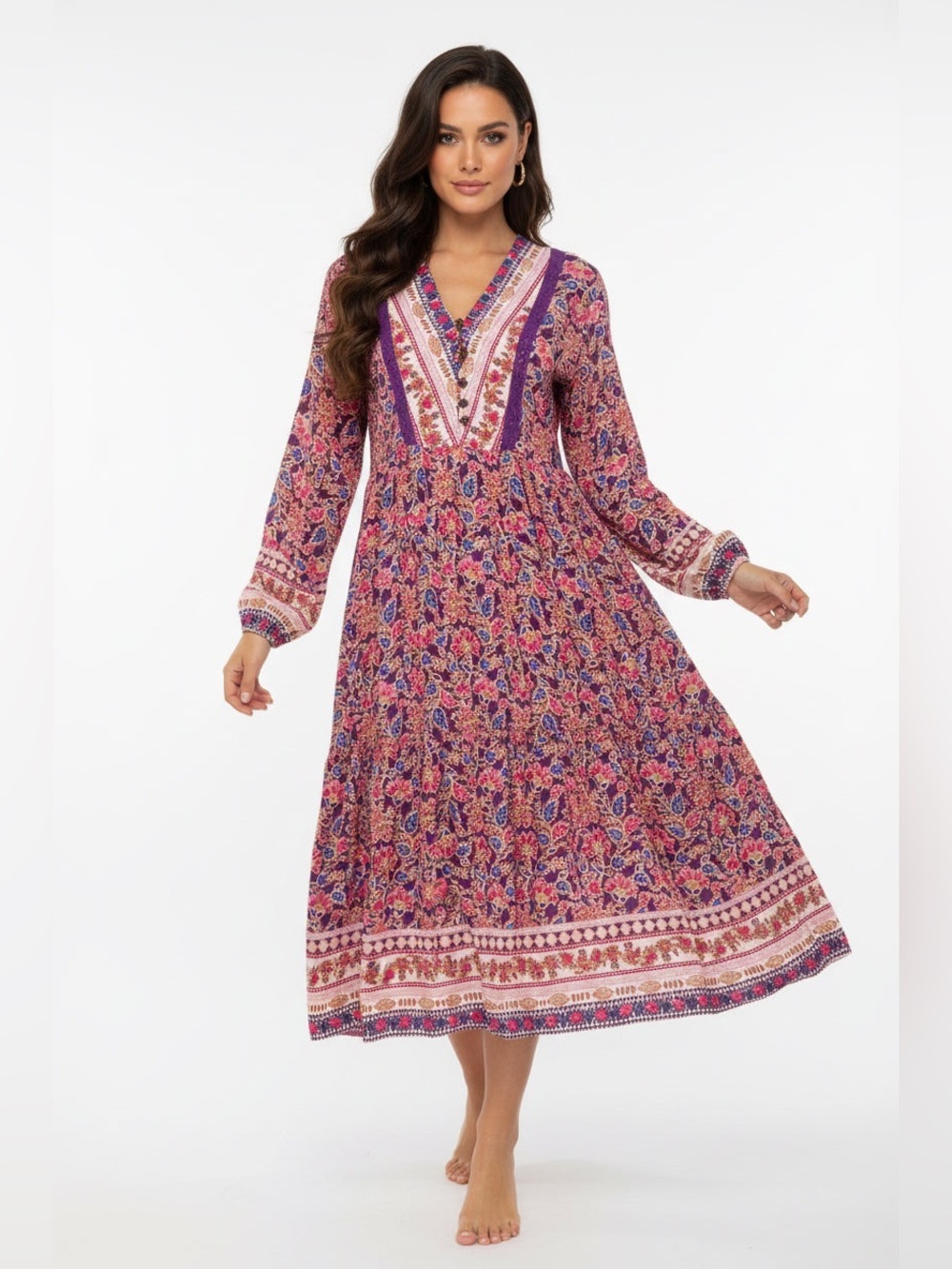 V-Neck Floral Maxi Dress in Pink and Purple